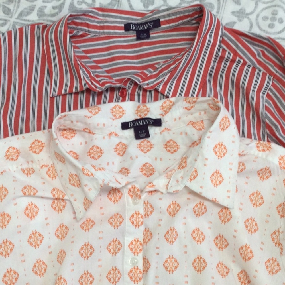 Set of 2 Roaman’s cotton button down plus size long sleeved shirts. Size 24W